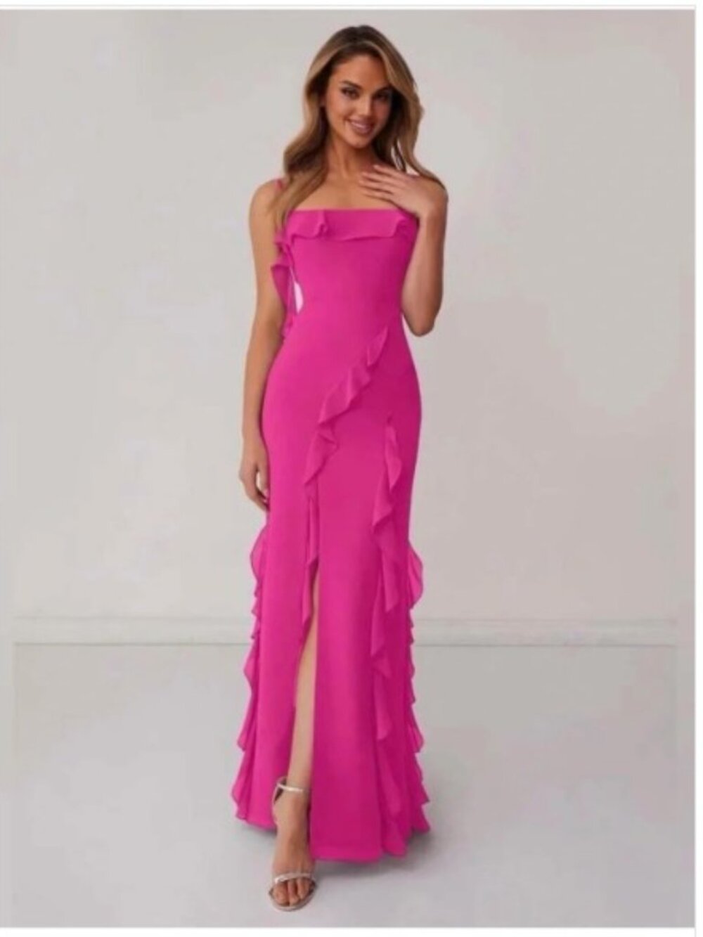 Azazie Barbie 1001 - Barbie Pink, Chiffon Ruffle Column Dress with Leg Slit A8